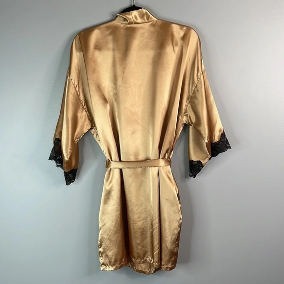 VINTAGE Fredericks of Hollywood Satin Lace Robe Gold Wrap Tie Waist Size L - Picture 7 of 13